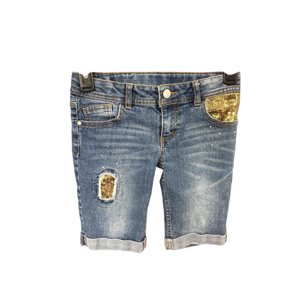 Total Girl Denim Shorts Girls Size 10 Reg Blue Gold Sequin Distressed Bermuda